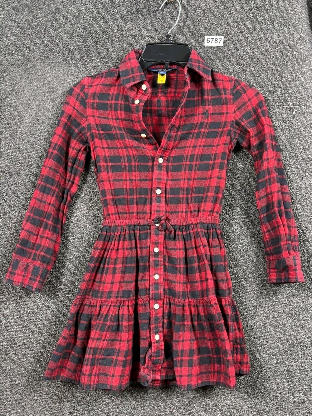 Polo Ralph Lauren Dress Girls 7 Red Black Plaid Long Sleeve Shirt Flannel